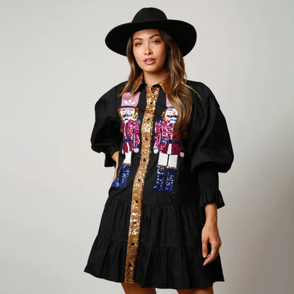 🔥HOT Sale🔥Nutcracker Sequined Button-Down Long Sleeve Mini Dress
