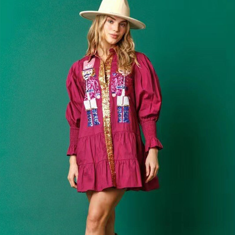 🔥HOT Sale🔥Nutcracker Sequined Button-Down Long Sleeve Mini Dress