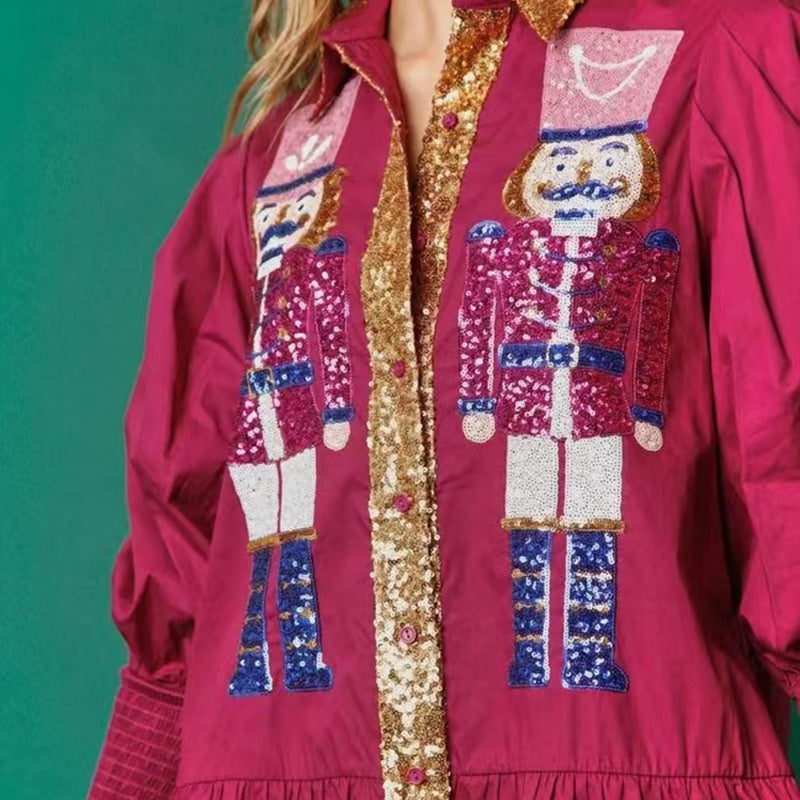 🔥HOT Sale🔥Nutcracker Sequined Button-Down Long Sleeve Mini Dress