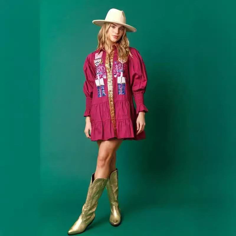 🔥HOT Sale🔥Nutcracker Sequined Button-Down Long Sleeve Mini Dress