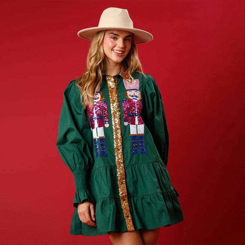🔥HOT Sale🔥Nutcracker Sequined Button-Down Long Sleeve Mini Dress