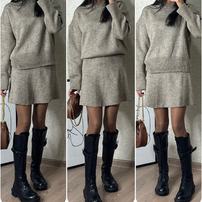 Women's casual knitted sweater skirt suit versatile college style sweet solid color 2-piece new autumn