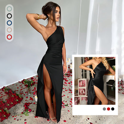 Satin One Shoulder Drape Slit Maxi Dress