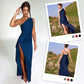 Satin One Shoulder Drape Slit Maxi Dress