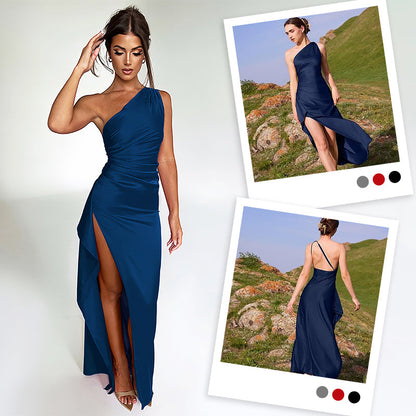 Satin One Shoulder Drape Slit Maxi Dress