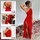 Satin One Shoulder Drape Slit Maxi Dress