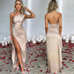 Satin One Shoulder Drape Slit Maxi Dress