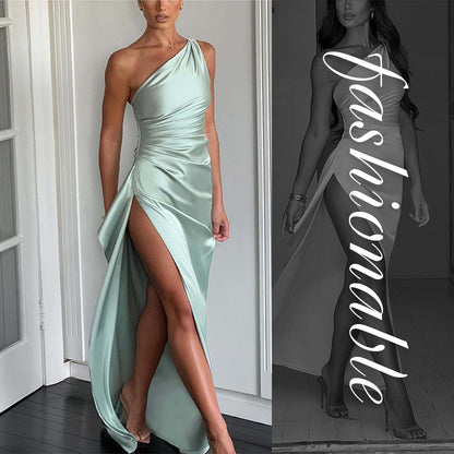 Satin One Shoulder Drape Slit Maxi Dress