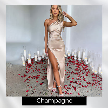 Satin One Shoulder Drape Slit Maxi Dress