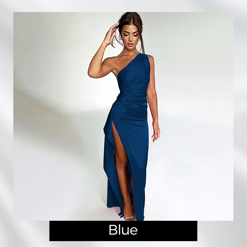Satin One Shoulder Drape Slit Maxi Dress