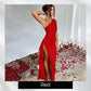 Satin One Shoulder Drape Slit Maxi Dress
