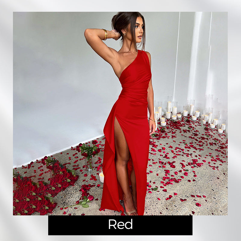 Satin One Shoulder Drape Slit Maxi Dress