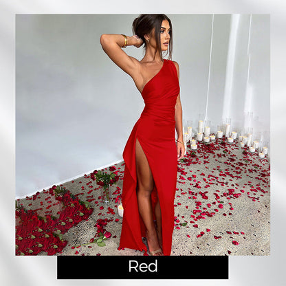 Satin One Shoulder Drape Slit Maxi Dress