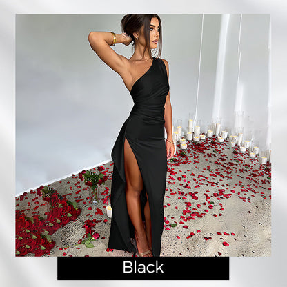 Satin One Shoulder Drape Slit Maxi Dress