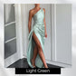Satin One Shoulder Drape Slit Maxi Dress