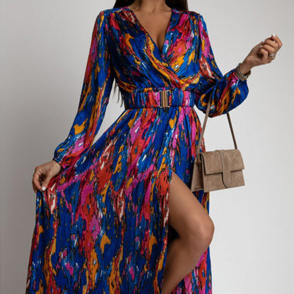 ✨New Arrival✨Women's Printed Long Sleeve V-Neck Split Dress