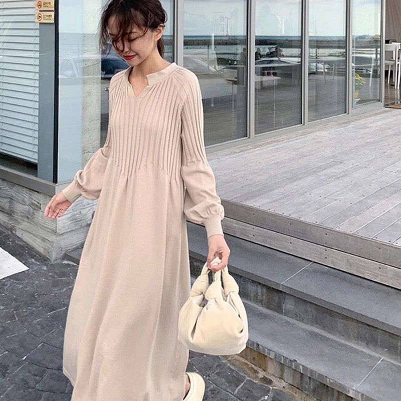 🔥HOT Sale🔥Women's Solid Color Knitted Long-sleeve Maxi Dress