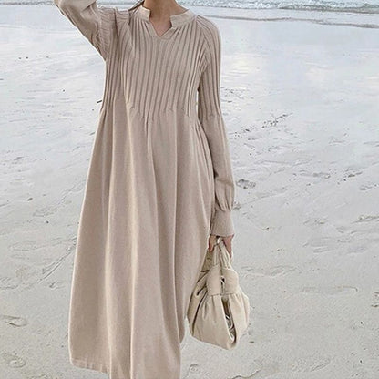 🔥HOT Sale🔥Women's Solid Color Knitted Long-sleeve Maxi Dress