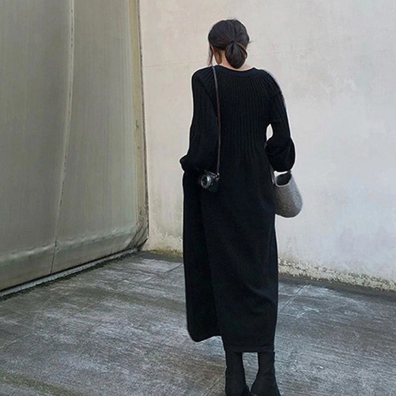 🔥HOT Sale🔥Women's Solid Color Knitted Long-sleeve Maxi Dress