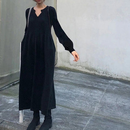 🔥HOT Sale🔥Women's Solid Color Knitted Long-sleeve Maxi Dress