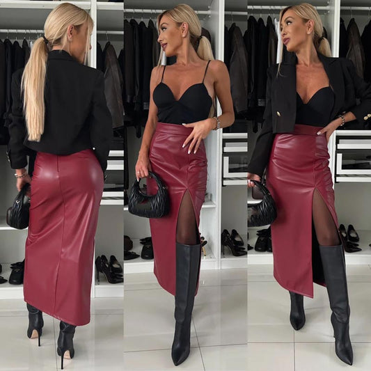 🔥HOT Sale🔥Women's Elegant Sexy High-waist Thigh-slit Leather Skirt