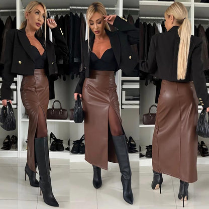 🔥HOT Sale🔥Women's Elegant Sexy High-waist Thigh-slit Leather Skirt