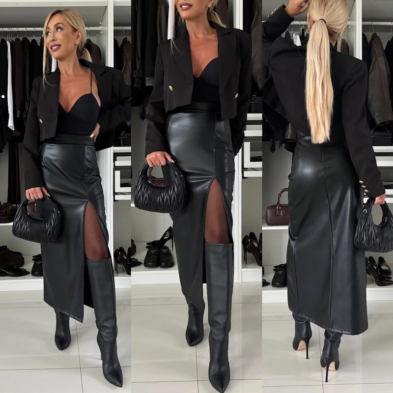 🔥HOT Sale🔥Women's Elegant Sexy High-waist Thigh-slit Leather Skirt
