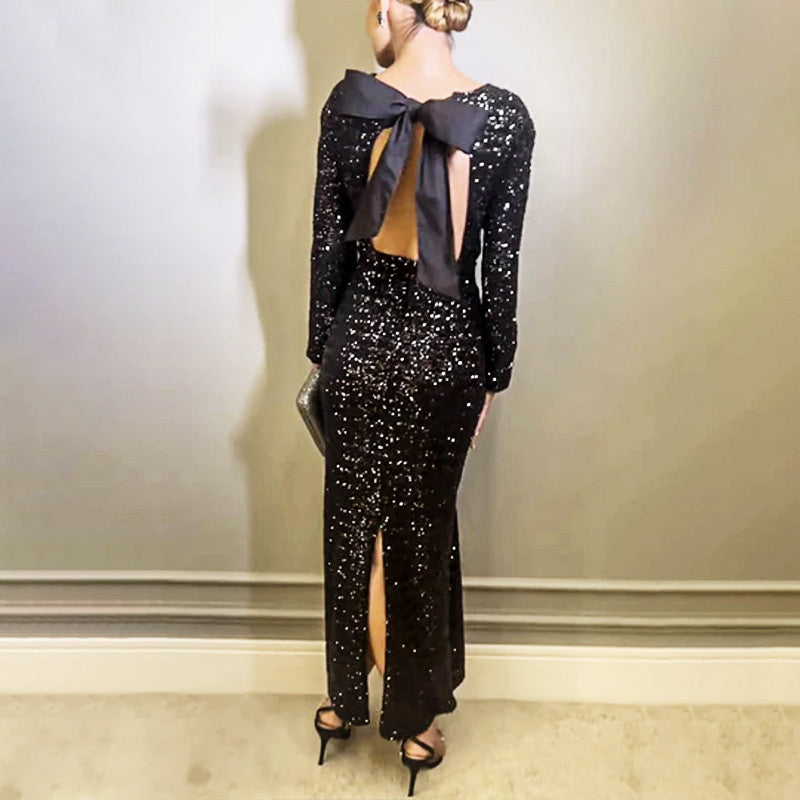 ✨New Arrival✨Sequined Bow Maxi Dress with Backless Split