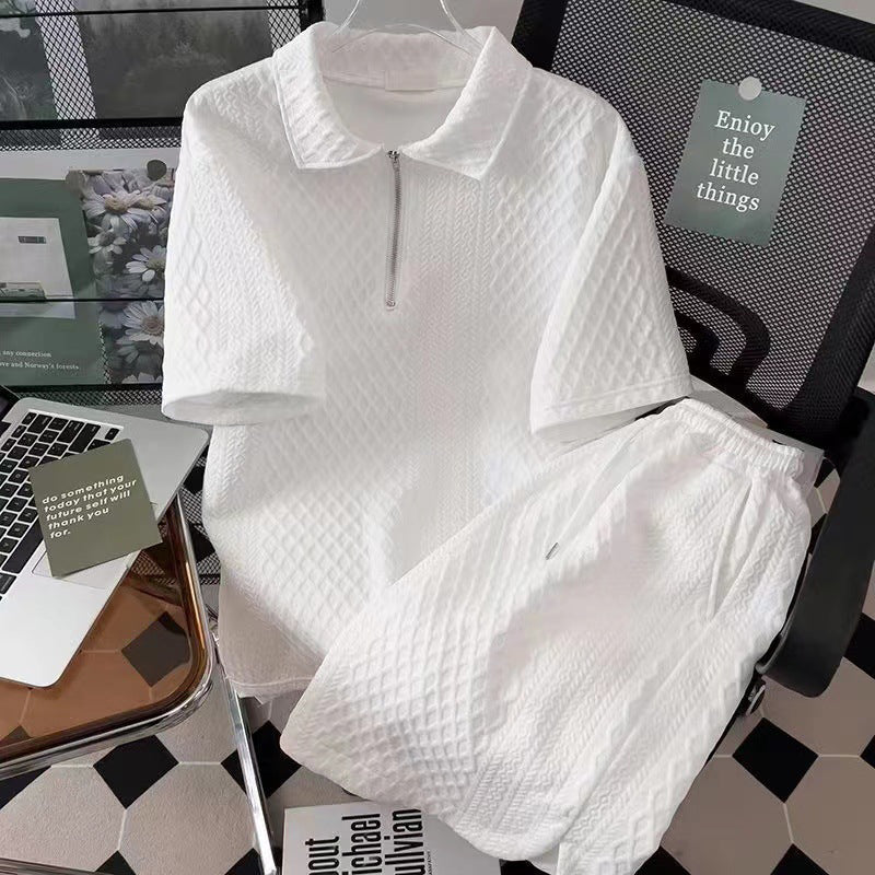 ⏳Limited Sale 50% OFF🌸Men's Waffle Textured Half-Zip Top and Shorts 2-Piece Set