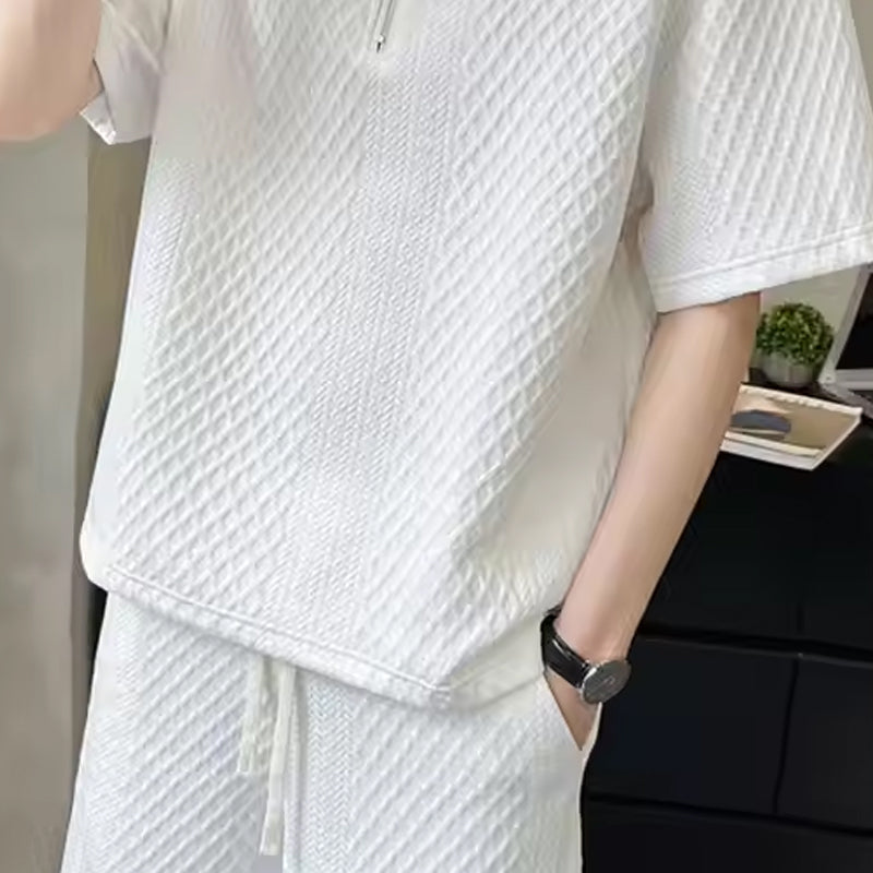 ⏳Limited Sale 50% OFF🌸Men's Waffle Textured Half-Zip Top and Shorts 2-Piece Set