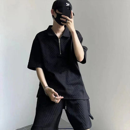 ⏳Limited Sale 50% OFF🌸Men's Waffle Textured Half-Zip Top and Shorts 2-Piece Set