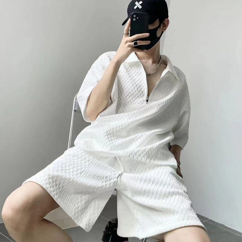 ⏳Limited Sale 50% OFF🌸Men's Waffle Textured Half-Zip Top and Shorts 2-Piece Set