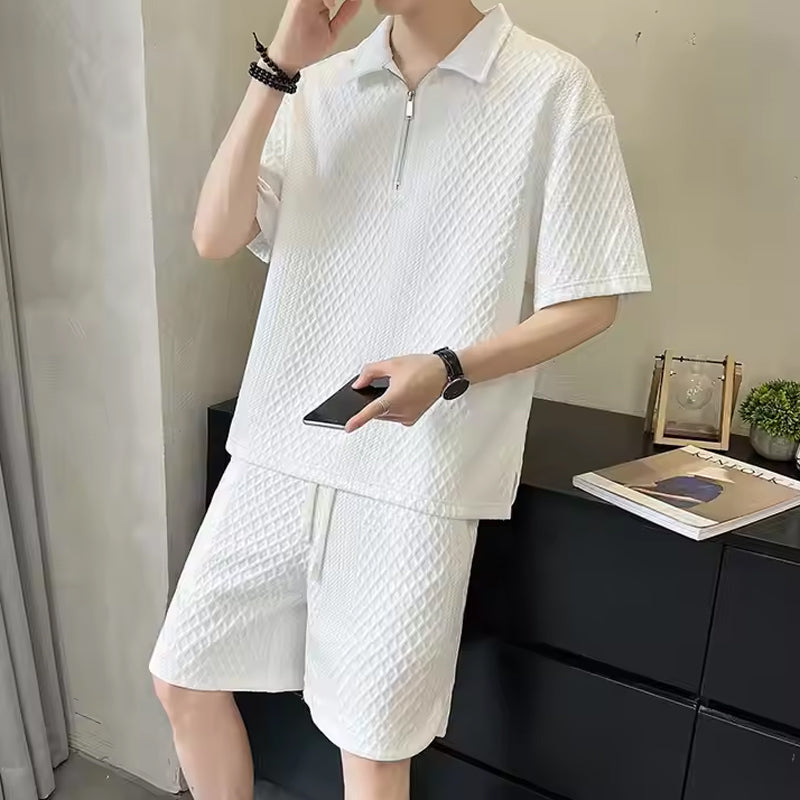 ⏳Limited Sale 50% OFF🌸Men's Waffle Textured Half-Zip Top and Shorts 2-Piece Set