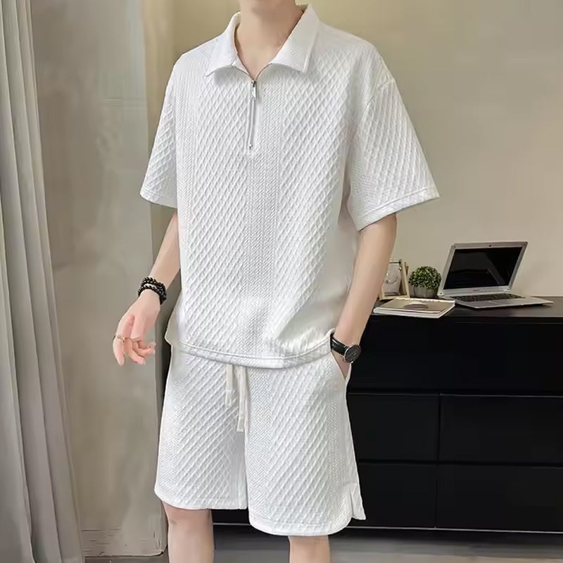⏳Limited Sale 50% OFF🌸Men's Waffle Textured Half-Zip Top and Shorts 2-Piece Set