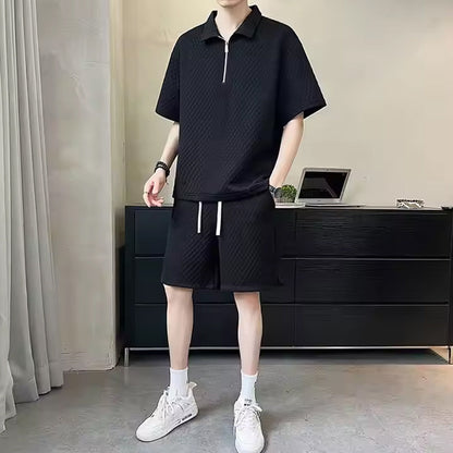⏳Limited Sale 50% OFF🌸Men's Waffle Textured Half-Zip Top and Shorts 2-Piece Set