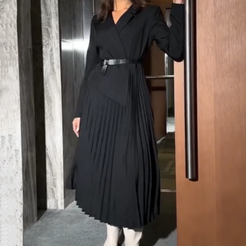 🔥🖤Early Black Friday Sale🔥Asymmetrical Patchwork Pleated Blazer Dress with Belt