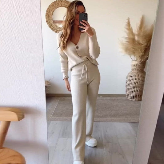 🎊𝑬𝒂𝒓𝒍𝒚 𝑩𝒍𝒂𝒄𝒌 𝑭𝒓𝒊𝒅𝒂𝒚 𝑺𝒂𝒍𝒆-Solid Color V-Neck Slim Knit Pant Suit