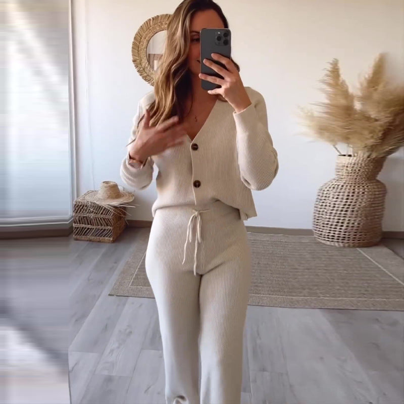 🎊𝑬𝒂𝒓𝒍𝒚 𝑩𝒍𝒂𝒄𝒌 𝑭𝒓𝒊𝒅𝒂𝒚 𝑺𝒂𝒍𝒆-Solid Color V-Neck Slim Knit Pant Suit