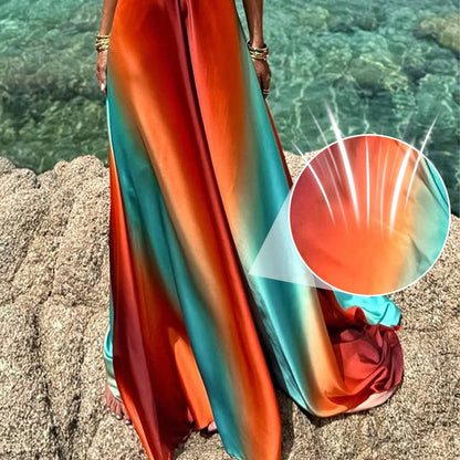 ✨Nieuwkomer✨Neon zonsondergang bedrukte metalen decoratie uitsparing rug strik vakantie maxi-jurk