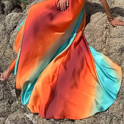 ✨Nieuwkomer✨Neon zonsondergang bedrukte metalen decoratie uitsparing rug strik vakantie maxi-jurk