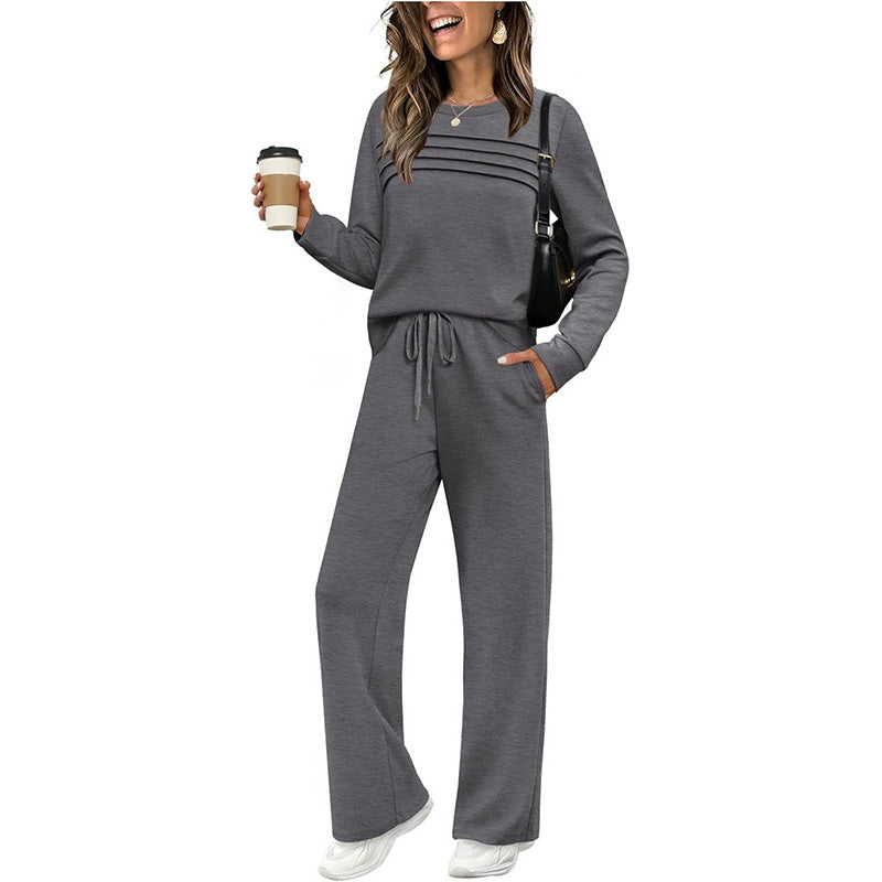 Crew Neck Drawstring 2‑Piece Loungewear Set 👚 Soft Matching Top & Pants