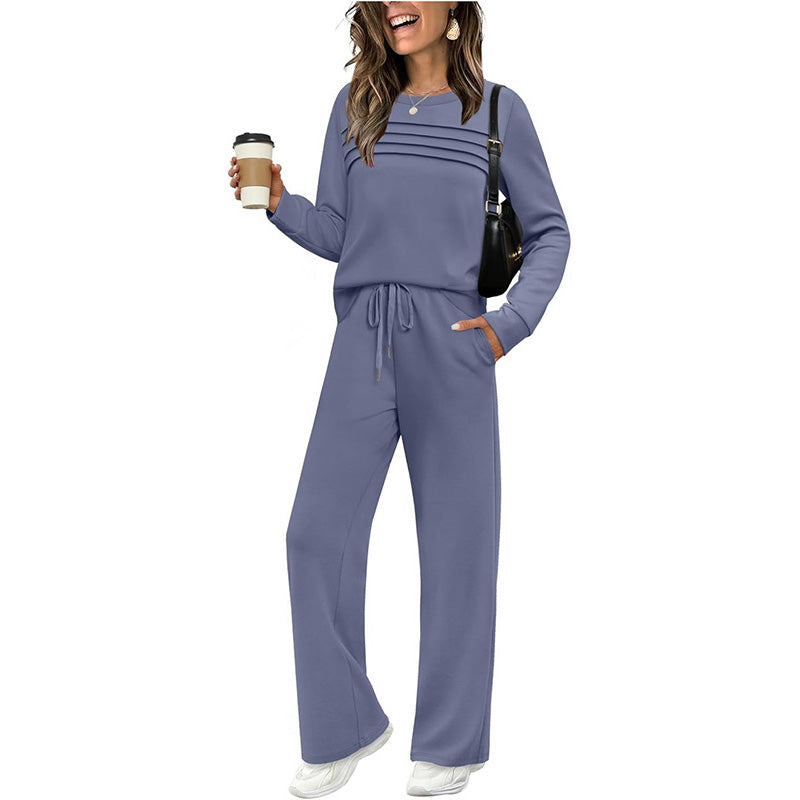 Crew Neck Drawstring 2‑Piece Loungewear Set 👚 Soft Matching Top & Pants