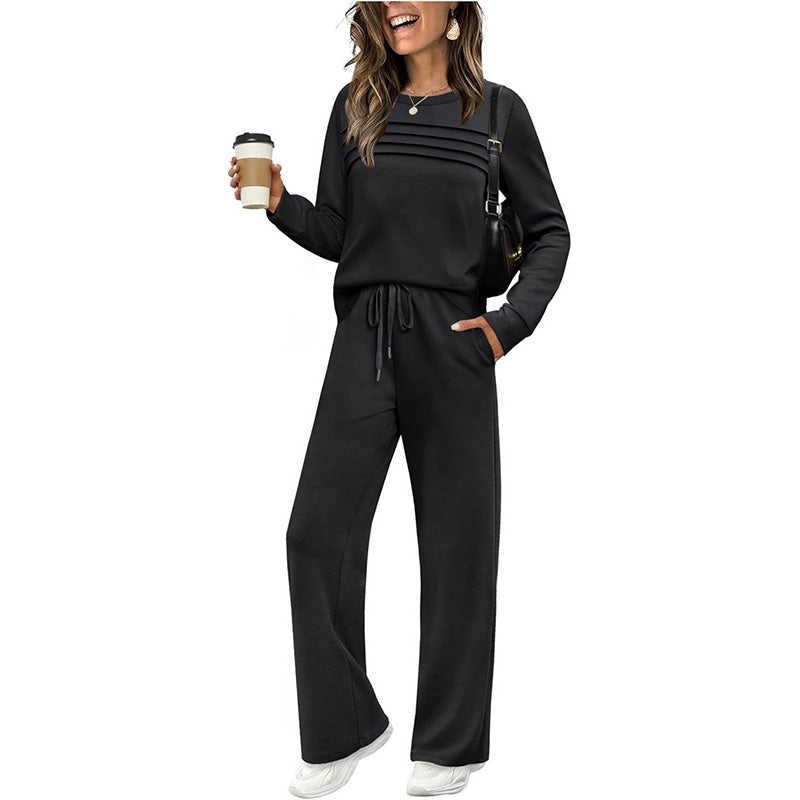 Crew Neck Drawstring 2‑Piece Loungewear Set 👚 Soft Matching Top & Pants