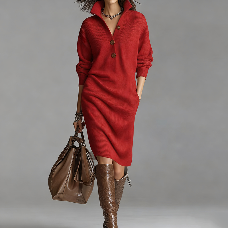 💖Black Friday Mega Deal – 50% off!💖Women's ribbed knit dress with shirt collar and button placket