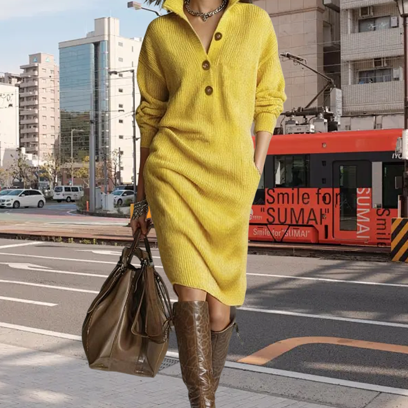 💖Black Friday Mega Deal – 50% off!💖Women's ribbed knit dress with shirt collar and button placket