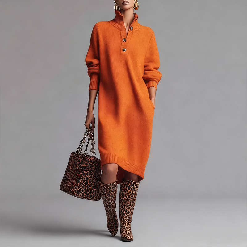 💖Black Friday Mega Deal – 50% off!💖Women's ribbed knit dress with shirt collar and button placket