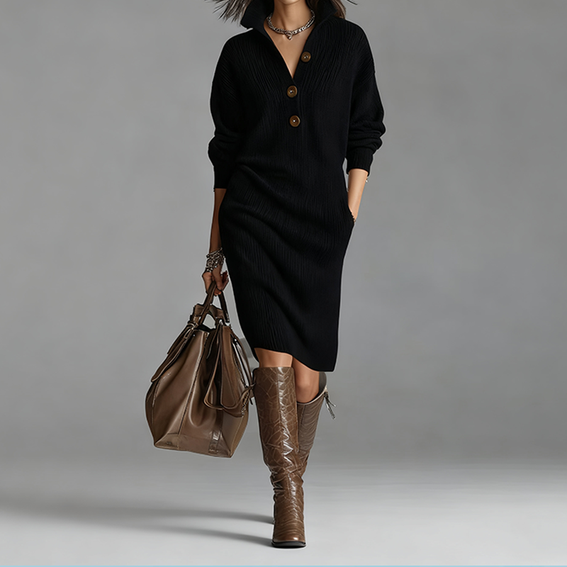 💖Black Friday Mega Deal – 50% off!💖Women's ribbed knit dress with shirt collar and button placket
