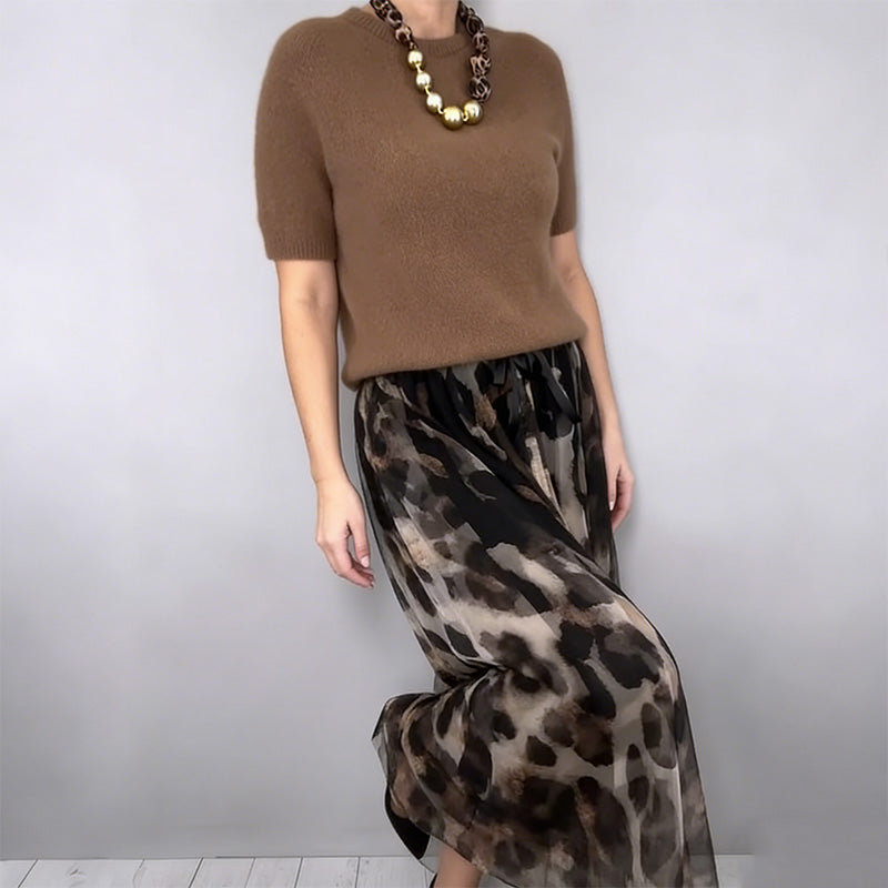 ✨ Effortless Elegance | Women's Knit Top & Leopard Flowy Skirt 2-Piece Set
