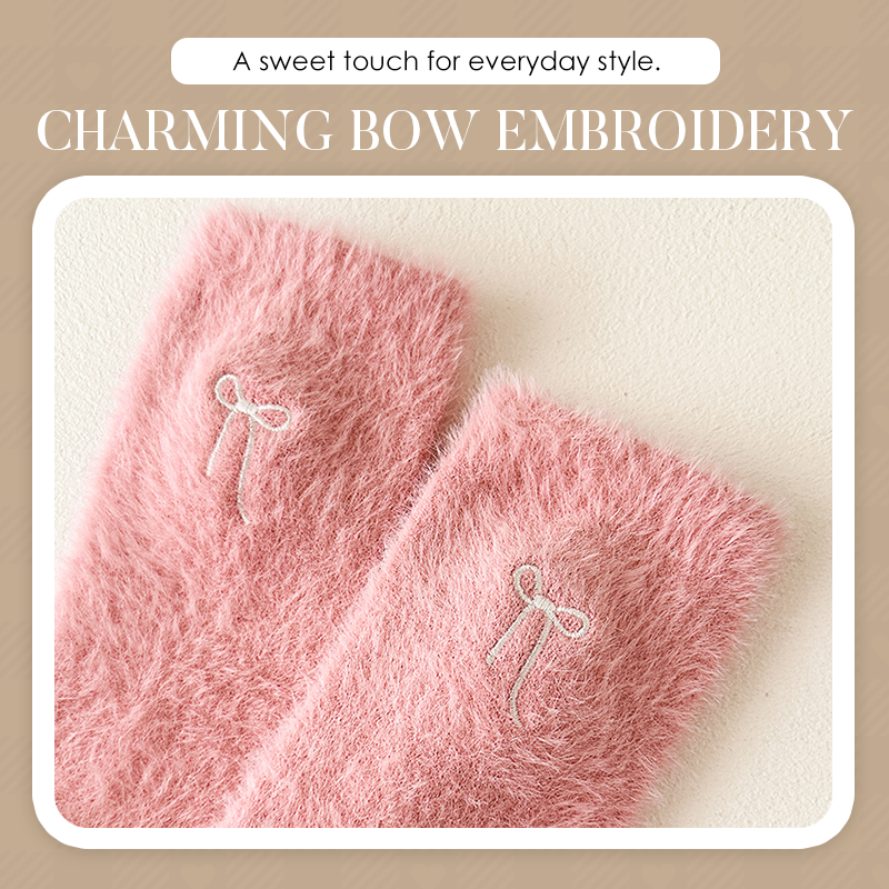 3Pairs Women's Plush Mink Socks with Bow Embroidery