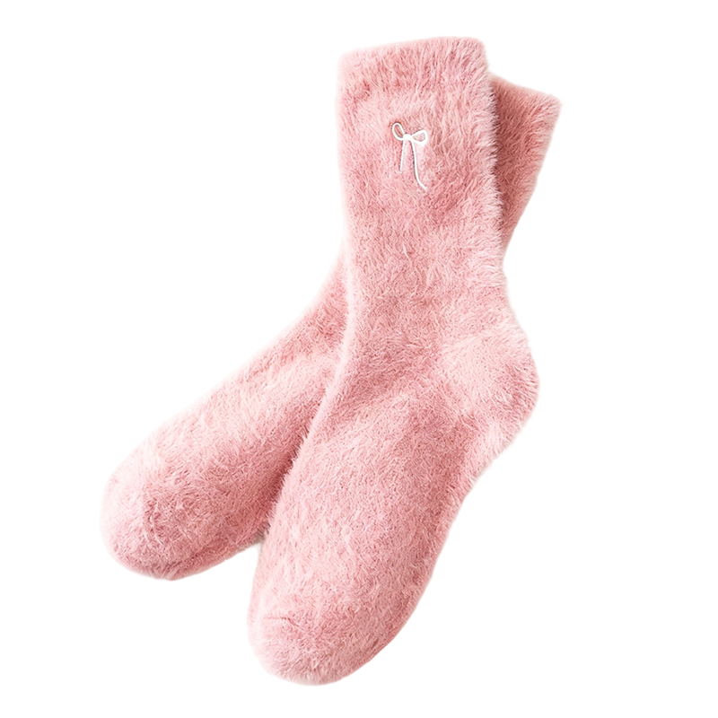 3Pairs Women's Plush Mink Socks with Bow Embroidery